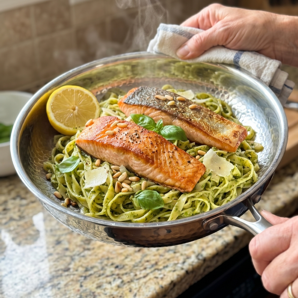 Zubereitung von Pasta mit Pesto und Lachs in der Titanox-Pfanne